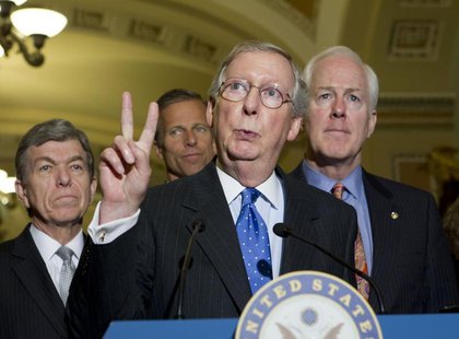 U.S. Senate Minority Leader Mitch McConnell, (R-KY) speaks to reporters after Senate luncheons as he is accompanied by Sen. Roy Blunt (R-MO) U.S. Senate Minority Leader Mitch McConnell, (R-KY) speaks to reporters after Senate luncheons as he is accompanied by Sen. Roy Blunt (R-MO)
