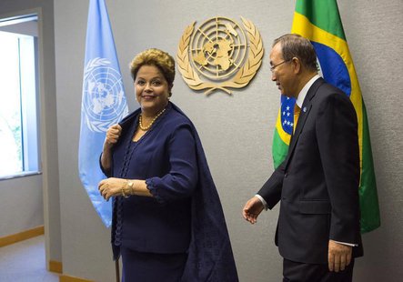 United Nations Secretary-General Ban Ki-moon arrives with Brazil's President Dilma Rousseff during the U.N. General Assembly at the U.N. Hea United Nations Secretary-General Ban Ki-moon arrives with Brazil's President Dilma Rousseff during the U.N. General Assembly at the U.N. Hea