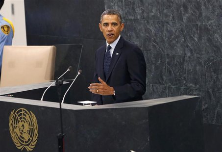 U.S. President Barack Obama addresses the 68th United Nations General Assembly at UN headquarters in New York, September 24, 2013. REUTERS/K U.S. President Barack Obama addresses the 68th United Nations General Assembly at UN headquarters in New York, September 24, 2013. REUTERS/K