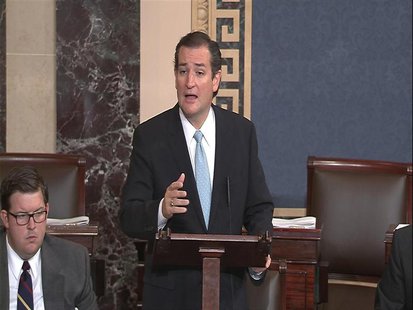 U.S. Senator Ted Cruz (R-TX), denounces "Obamacare" as he speaks on the Senate floor on Capitol Hill in Washington, in this still image take U.S. Senator Ted Cruz (R-TX), denounces "Obamacare" as he speaks on the Senate floor on Capitol Hill in Washington, in this still image take