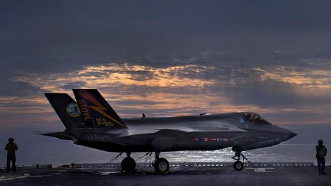 The F-35B Lighting II variant of the Joint Strike Fighter sits on the deck of the amphibious assault ship USS Wasp while being tested by Mar The F-35B Lighting II variant of the Joint Strike Fighter sits on the deck of the amphibious assault ship USS Wasp while being tested by Mar