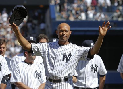 New York Yankees relief pitcher Mariano Rivera responds to the sold-out crowd during ceremonies honoring him before their MLB Interleague ba New York Yankees relief pitcher Mariano Rivera responds to the sold-out crowd during ceremonies honoring him before their MLB Interleague ba