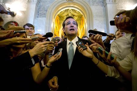 U.S. Senator Ted Cruz (R-TX) speaks to the press after leaving the Senate Chamber after a marathon attack on ''Obamacare,'' at the U.S. Capitol in Washington, September 25, 2013. REUTERS/Jason Reed U.S. Senator Ted Cruz (R-TX) speaks to the press after leaving the Senate Chamber after a marathon attack on ''Obamacare,'' at the U.S. Capitol in Washington, September 25, 2013. REUTERS/Jason Reed
