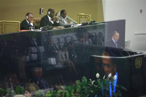 Russia's Minister of Foreign Affairs Sergey Lavrov (R) is reflected on a screen as he speaks during the 68th session of the United Nations G Russia's Minister of Foreign Affairs Sergey Lavrov (R) is reflected on a screen as he speaks during the 68th session of the United Nations G