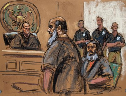 Terror suspects Khalid al-Fawwaz (2nd L) and Adel Abdul Bary (3rd L) are seen in this courtroom sketch during a court appearance in Manhatta Terror suspects Khalid al-Fawwaz (2nd L) and Adel Abdul Bary (3rd L) are seen in this courtroom sketch during a court appearance in Manhatta