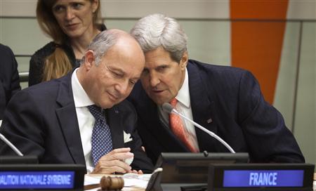 U.S. Secretary of State John Kerry (R) speaks to France's Foreign Minister Laurent Fabius during an administrial meeting of the Group of Friends of the Syrian People during 68th United Nations General Assembly at U.N. headquarters in New York, September 26, 2013.
REUTERS/Carlo Allegri U.S. Secretary of State John Kerry (R) speaks to France's Foreign Minister Laurent Fabius during an administrial meeting of the Group of Friends of the Syrian People during 68th United Nations General Assembly at U.N. headquarters in New York, September 26, 2013.
REUTERS/Carlo Allegri