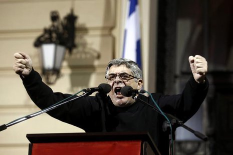 Leader of the extreme-right Golden Dawn party Nikolaos Mihaloliakos delivers a speech during a gathering in Athens February 2, 2013. REUTERS Leader of the extreme-right Golden Dawn party Nikolaos Mihaloliakos delivers a speech during a gathering in Athens February 2, 2013. REUTERS