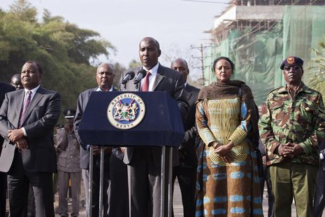 Kenya's Interior Minister Joseph ole Lenku (C), flanked other government officials, speaks during a news conference near the Westgate shoppi Kenya's Interior Minister Joseph ole Lenku (C), flanked other government officials, speaks during a news conference near the Westgate shoppi