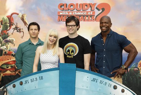 (L-R) Andy Samberg, Anna Faris, Bill Hader and Terry Crews, voice talents from the new Sony Pictures Animation film "Cloudy with a Chance of (L-R) Andy Samberg, Anna Faris, Bill Hader and Terry Crews, voice talents from the new Sony Pictures Animation film "Cloudy with a Chance of