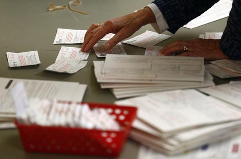 A poll worker looks at voter authorization forms and provisional ballots after the polls closed at the Covenant Presbyterian Church during t A poll worker looks at voter authorization forms and provisional ballots after the polls closed at the Covenant Presbyterian Church during t