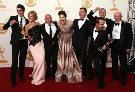 The cast from AMC's series "Breaking Bad" poses backstage with their awards for Outstanding Drama Series at the 65th Primetime Emmy Awards i The cast from AMC's series "Breaking Bad" poses backstage with their awards for Outstanding Drama Series at the 65th Primetime Emmy Awards i