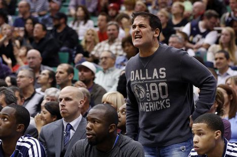Dallas Mavericks owner Mark Cuban argues a call during the second half of their NBA basketball game against the Utah Jazz in Salt Lake City, Dallas Mavericks owner Mark Cuban argues a call during the second half of their NBA basketball game against the Utah Jazz in Salt Lake City,