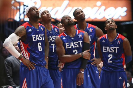 NBA All-Star LeBron James of the Miami Heat (6) and teammates Carmelo Anthony of the New York Knicks (7,) Dwyane Wade and Chris Bosh of the NBA All-Star LeBron James of the Miami Heat (6) and teammates Carmelo Anthony of the New York Knicks (7,) Dwyane Wade and Chris Bosh of the