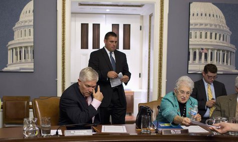 Chairman of the House Rules Committee, Representative Pete Session (L) (R-TX) and Representative Virginia Foxx (R-NC) sit after a late-night Chairman of the House Rules Committee, Representative Pete Session (L) (R-TX) and Representative Virginia Foxx (R-NC) sit after a late-night