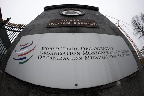 The World Trade Organization WTO logo is seen at the entrance of the WTO headquarters in Geneva April 9, 2013. REUTERS/Ruben Sprich The World Trade Organization WTO logo is seen at the entrance of the WTO headquarters in Geneva April 9, 2013. REUTERS/Ruben Sprich