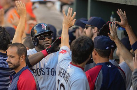 Boston Red Sox designated hitter David Ortiz is greeted by teammates after scoring in the ninth inning against Baltimore Orioles relief pitc Boston Red Sox designated hitter David Ortiz is greeted by teammates after scoring in the ninth inning against Baltimore Orioles relief pitc