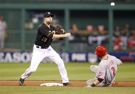 Oct 1, 2013; Pittsburgh, PA, USA; Pittsburgh Pirates second baseman Neil Walker (18) turns a double play over Cincinnati Reds shortstop Zack Oct 1, 2013; Pittsburgh, PA, USA; Pittsburgh Pirates second baseman Neil Walker (18) turns a double play over Cincinnati Reds shortstop Zack
