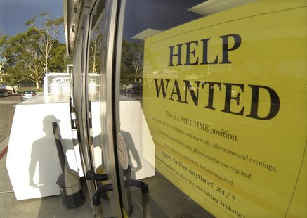 A help wanted sign is posted on the door of a gas station in Encinitas, California September 6, 2013. REUTERS/Mike Blake A help wanted sign is posted on the door of a gas station in Encinitas, California September 6, 2013. REUTERS/Mike Blake