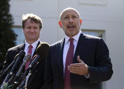 Lloyd Blankfein, Chairman and CEO of The Goldman Sachs Group speaks alongside Brian Moynihan, CEO of Bank of America, after a meeting by the Lloyd Blankfein, Chairman and CEO of The Goldman Sachs Group speaks alongside Brian Moynihan, CEO of Bank of America, after a meeting by the