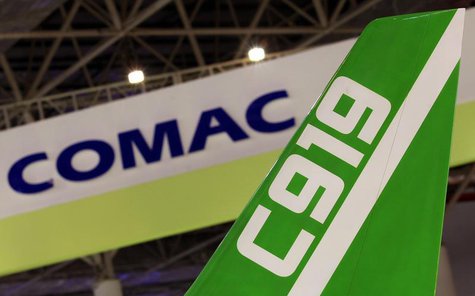 The tail of a model of Comac C919 passenger plane built by the Commercial Aircraft Corporation of China (COMAC) is seen on the first day of The tail of a model of Comac C919 passenger plane built by the Commercial Aircraft Corporation of China (COMAC) is seen on the first day of