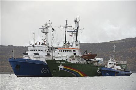Greenpeace ship ''Arctic Sunrise'' (C) is seen anchored outside the Arctic port city of Murmansk, on the day when members of Russian Investigation Committee conducted an inspection onboard the Greenpeace ship, in this September 28, 2013 handout provided by Greenpeace.
Credit: Reuters/Dmitri Sharomov/Greenpeace/Handout via Reuters Greenpeace ship ''Arctic Sunrise'' (C) is seen anchored outside the Arctic port city of Murmansk, on the day when members of Russian Investigation Committee conducted an inspection onboard the Greenpeace ship, in this September 28, 2013 handout provided by Greenpeace.
Credit: Reuters/Dmitri Sharomov/Greenpeace/Handout via Reuters
