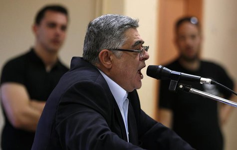 Leader of far-right Golden Dawn party Nikolaos Mihaloliakos (C) addresses an election campaign rally in Perama, near Athens in this April 23 Leader of far-right Golden Dawn party Nikolaos Mihaloliakos (C) addresses an election campaign rally in Perama, near Athens in this April 23