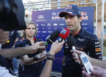Red Bull Formula One driver Mark Webber of Australia speaks to media at the Korea International Circuit before the Korea F1 Grand Prix in Ye Red Bull Formula One driver Mark Webber of Australia speaks to media at the Korea International Circuit before the Korea F1 Grand Prix in Ye