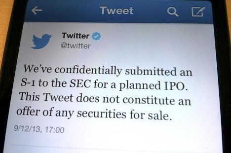 A tweet from Twitter Inc. announcing its initial public offering is shown in this photo illustration in Toronto, September 12, 2013. REUTERS A tweet from Twitter Inc. announcing its initial public offering is shown in this photo illustration in Toronto, September 12, 2013. REUTERS