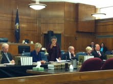 State Supreme Court Chief Justice Shirley Abrahamson (standing) speaks before court hearings began in the Sheboygan County Courthouse. Other supreme court justices sit to her left and right. State Supreme Court Chief Justice Shirley Abrahamson (standing) speaks before court hearings began in the Sheboygan County Courthouse. Other supreme court justices sit to her left and right.