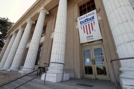 An All-America city banner hangs over City Hall in Stockton, California June 27, 2012. REUTERS/Kevin Bartram An All-America city banner hangs over City Hall in Stockton, California June 27, 2012. REUTERS/Kevin Bartram
