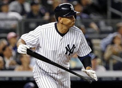 New York Yankees designated hitter Alex Rodriguez reacts to flying out to end the fourth inning against the Tampa Bay Rays during their MLB New York Yankees designated hitter Alex Rodriguez reacts to flying out to end the fourth inning against the Tampa Bay Rays during their MLB