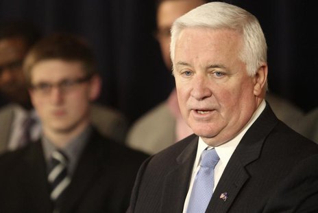 Pennsylvania Governor Tom Corbett speaks at a news conference on the Penn State campus in State College, Pennsylvania January 2, 2013. REUTE Pennsylvania Governor Tom Corbett speaks at a news conference on the Penn State campus in State College, Pennsylvania January 2, 2013. REUTE