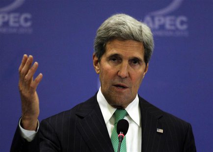 U.S. Secretary of State John Kerry gestures during a news conference at the Asia Pacific Economic Cooperation (APEC) ministerial meeting in U.S. Secretary of State John Kerry gestures during a news conference at the Asia Pacific Economic Cooperation (APEC) ministerial meeting in