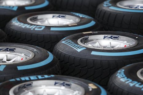 Pirelli "Full Wet" Formula One tyres are pictured in the pit ahead of the Singapore F1 Grand Prix September 18, 2013. REUTERS/Tim Chong Pirelli "Full Wet" Formula One tyres are pictured in the pit ahead of the Singapore F1 Grand Prix September 18, 2013. REUTERS/Tim Chong