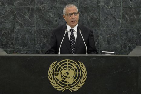 Libyan Prime Minister Ali Zeidan speaks at the 68th United Nations General Assembly in New York, September 25, 2013. REUTERS/Andrew Burton/P Libyan Prime Minister Ali Zeidan speaks at the 68th United Nations General Assembly in New York, September 25, 2013. REUTERS/Andrew Burton/P