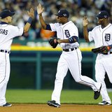 Oct 8, 2013; Detroit, MI, USA; Detroit Tigers players Jose Iglesias (1) , Austin Jackson (middle) and Torii Hunter (right) celebrate after g Oct 8, 2013; Detroit, MI, USA; Detroit Tigers players Jose Iglesias (1) , Austin Jackson (middle) and Torii Hunter (right) celebrate after g