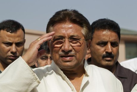 Pakistan's former President and head of the All Pakistan Muslim League (APML) political party Pervez Musharraf salutes as he arrives to unve Pakistan's former President and head of the All Pakistan Muslim League (APML) political party Pervez Musharraf salutes as he arrives to unve