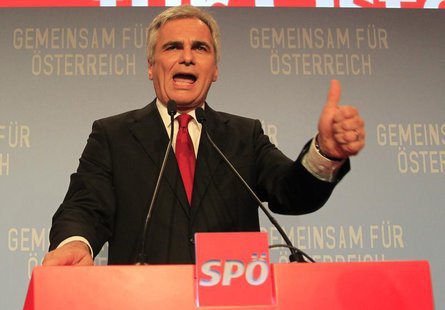 Austrian Chancellor and leader of the Social Democratic Party (SPOe) Werner Faymann addresses supporters after first projections in the Aust Austrian Chancellor and leader of the Social Democratic Party (SPOe) Werner Faymann addresses supporters after first projections in the Aust