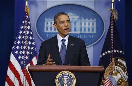 U.S. President Barack Obama speaks about the continuing government shutdown from the White House Briefing Room in Washington, October 8, 2013.
Credit: Reuters/Kevin Lamarque U.S. President Barack Obama speaks about the continuing government shutdown from the White House Briefing Room in Washington, October 8, 2013.
Credit: Reuters/Kevin Lamarque
