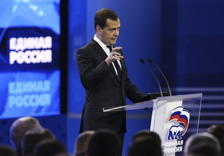 Russian Prime Minister Dmitry Medvedev speaks during the United Russia political party convention in Moscow October 5, 2013. REUTERS/Sergei Russian Prime Minister Dmitry Medvedev speaks during the United Russia political party convention in Moscow October 5, 2013. REUTERS/Sergei