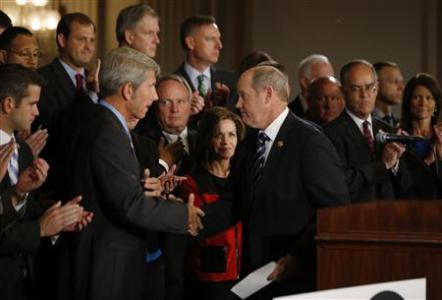 U.S. Representative Kurt Schrader (D-OR) (L) shakes hands with Representative Reid Ribble (R-WI) after both delivered remarks on behalf of No Labels, a group of Republican and Democrat Congressmen calling for a solution to end the U.S. Government shut down on Capitol Hill in Washington, October 10, 2013.
Credit: Reuters/Jason Reed U.S. Representative Kurt Schrader (D-OR) (L) shakes hands with Representative Reid Ribble (R-WI) after both delivered remarks on behalf of No Labels, a group of Republican and Democrat Congressmen calling for a solution to end the U.S. Government shut down on Capitol Hill in Washington, October 10, 2013.
Credit: Reuters/Jason Reed