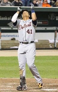 Víctor Martínez #41 of the Detroit Tigers celebrates after hitting a home run in the fifth inning against the Baltimore Orioles at Oriole Park at Camden Yards on April 6, 2011 in Baltimore, Maryland. The Tigers won the game 7-3. Víctor Martínez #41 of the Detroit Tigers celebrates after hitting a home run in the fifth inning against the Baltimore Orioles at Oriole Park at Camden Yards on April 6, 2011 in Baltimore, Maryland. The Tigers won the game 7-3.