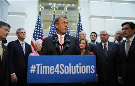 U.S. House Speaker John Boehner (R-OH) (C) stands with fellow Republican House leaders and addresses reporters in Washington, October 10, 2013.
Credit: REUTERS/Jonathan Ernst U.S. House Speaker John Boehner (R-OH) (C) stands with fellow Republican House leaders and addresses reporters in Washington, October 10, 2013.
Credit: REUTERS/Jonathan Ernst