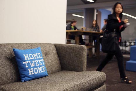 A pillow is placed on a couch at Twitter headquarters in San Francisco, California October 4, 2013. REUTERS/Robert Galbraith A pillow is placed on a couch at Twitter headquarters in San Francisco, California October 4, 2013. REUTERS/Robert Galbraith