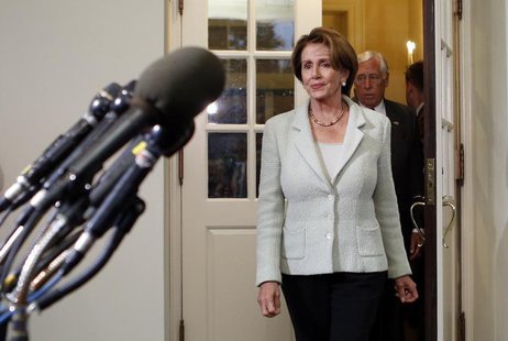 U.S. House Minority Leader Nancy Pelosi exits the White House to speak to reporters after a meeting between House of Representatives Democra U.S. House Minority Leader Nancy Pelosi exits the White House to speak to reporters after a meeting between House of Representatives Democra
