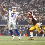 Oct 13, 2013; Arlington, TX, USA; Dallas Cowboys quarterback Tony Romo (9) throws a touchdown pass while being rushed by Washington Redskins Oct 13, 2013; Arlington, TX, USA; Dallas Cowboys quarterback Tony Romo (9) throws a touchdown pass while being rushed by Washington Redskins