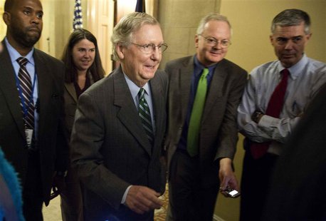 Senate Minority Leader Mitch McConnell (R-KY) speaks to reporters during the partial government shutdown in Washington October 14, 2013. REU Senate Minority Leader Mitch McConnell (R-KY) speaks to reporters during the partial government shutdown in Washington October 14, 2013. REU
