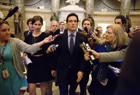 House Majority Leader Eric Cantor (R-VA) speaks to reporters during the 14th day of the partial government shut down in Washington on Octobe House Majority Leader Eric Cantor (R-VA) speaks to reporters during the 14th day of the partial government shut down in Washington on Octobe