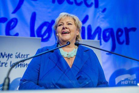 Norway's main opposition leader Erna Solberg of Hoyre speaks to party members while waiting for the results of the general elections in Oslo Norway's main opposition leader Erna Solberg of Hoyre speaks to party members while waiting for the results of the general elections in Oslo