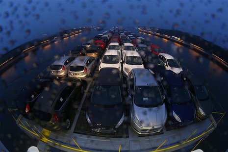 Newly manufactured Ford Fiesta cars are seen on the deck of the car transport ship "Tossa", during its journey from a Ford plant in the Germ Newly manufactured Ford Fiesta cars are seen on the deck of the car transport ship "Tossa", during its journey from a Ford plant in the Germ